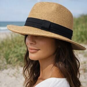 Solar Escape Tan Woven Straw Panama Fedora Summer Sun Hat Unisex OS